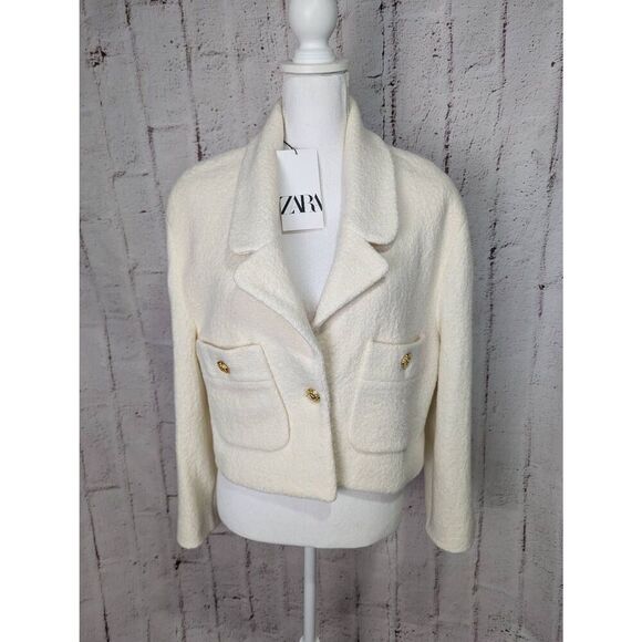 Zara Gold Tone Buttons Textured Weave Cream Oyster Cropped Blazer sz M Medium NW - Picture 4 of 12